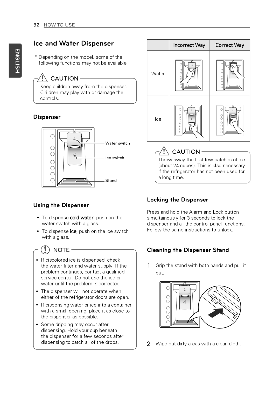 LG Electronics LFX31945ST owner manual Ice and Water Dispenser, Using the Dispenser, Locking the Dispenser 