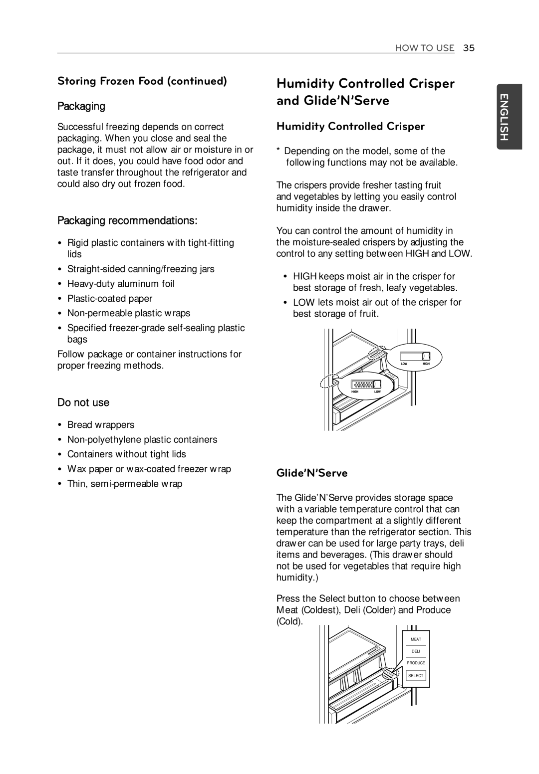 LG Electronics LFX31945ST owner manual Humidity Controlled Crisper and Glide’N’Serve, Yy Bread wrappers 