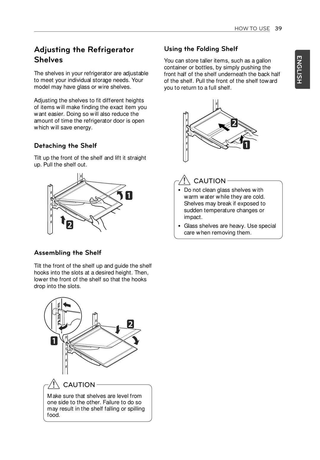 LG Electronics LFX31945ST owner manual Adjusting the Refrigerator Shelves, Detaching the Shelf, Assembling the Shelf 