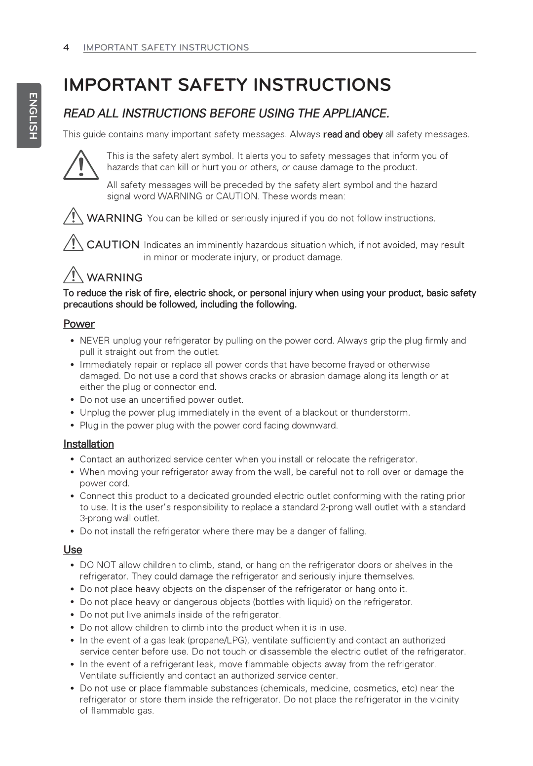 LG Electronics LFX31945ST owner manual Important Safety Instructions, Read ALL Instructions Before Using the Appliance 