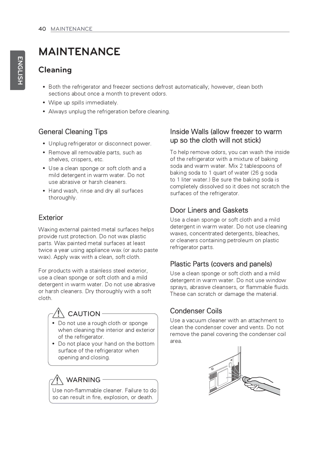 LG Electronics LFX31945ST owner manual Maintenance, Cleaning, Yy Hand wash, rinse and dry all surfaces thoroughly 