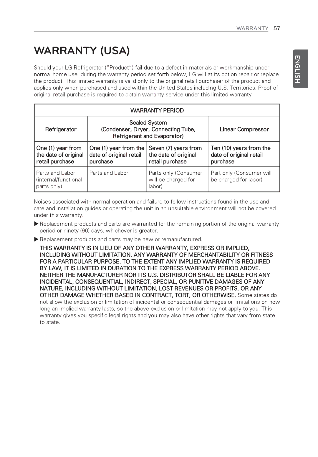 LG Electronics LFX31945ST Warranty USA, Sealed System Refrigerator, Linear Compressor, One 1 year from, Ten 10 years from 