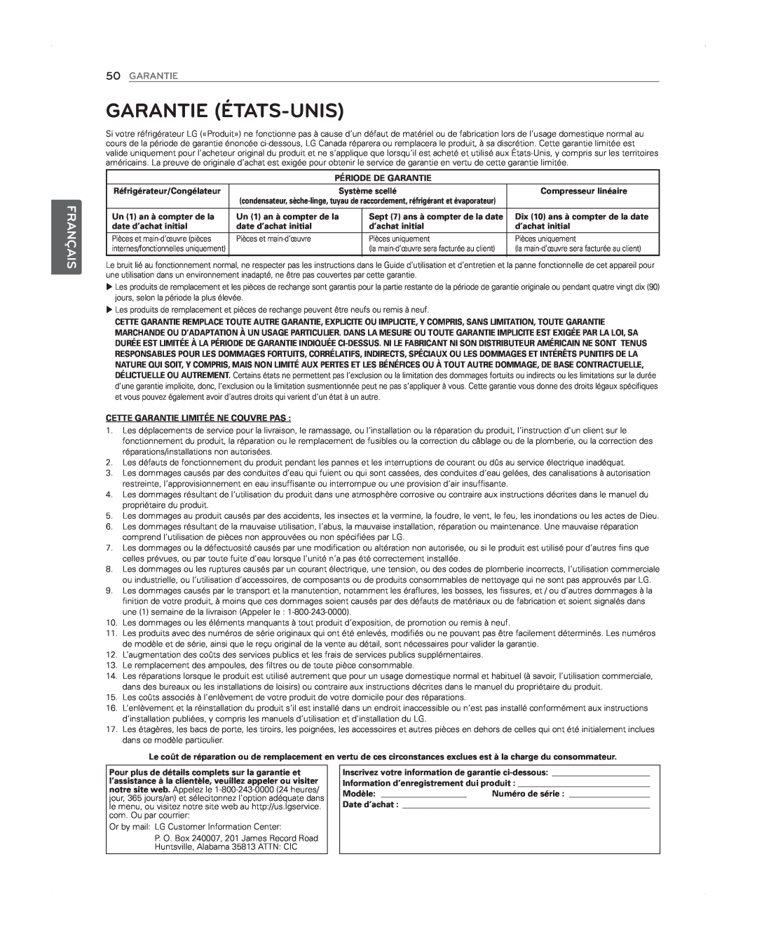 LG Electronics LFX31945ST owner manual Garantie États-Unis, Français 