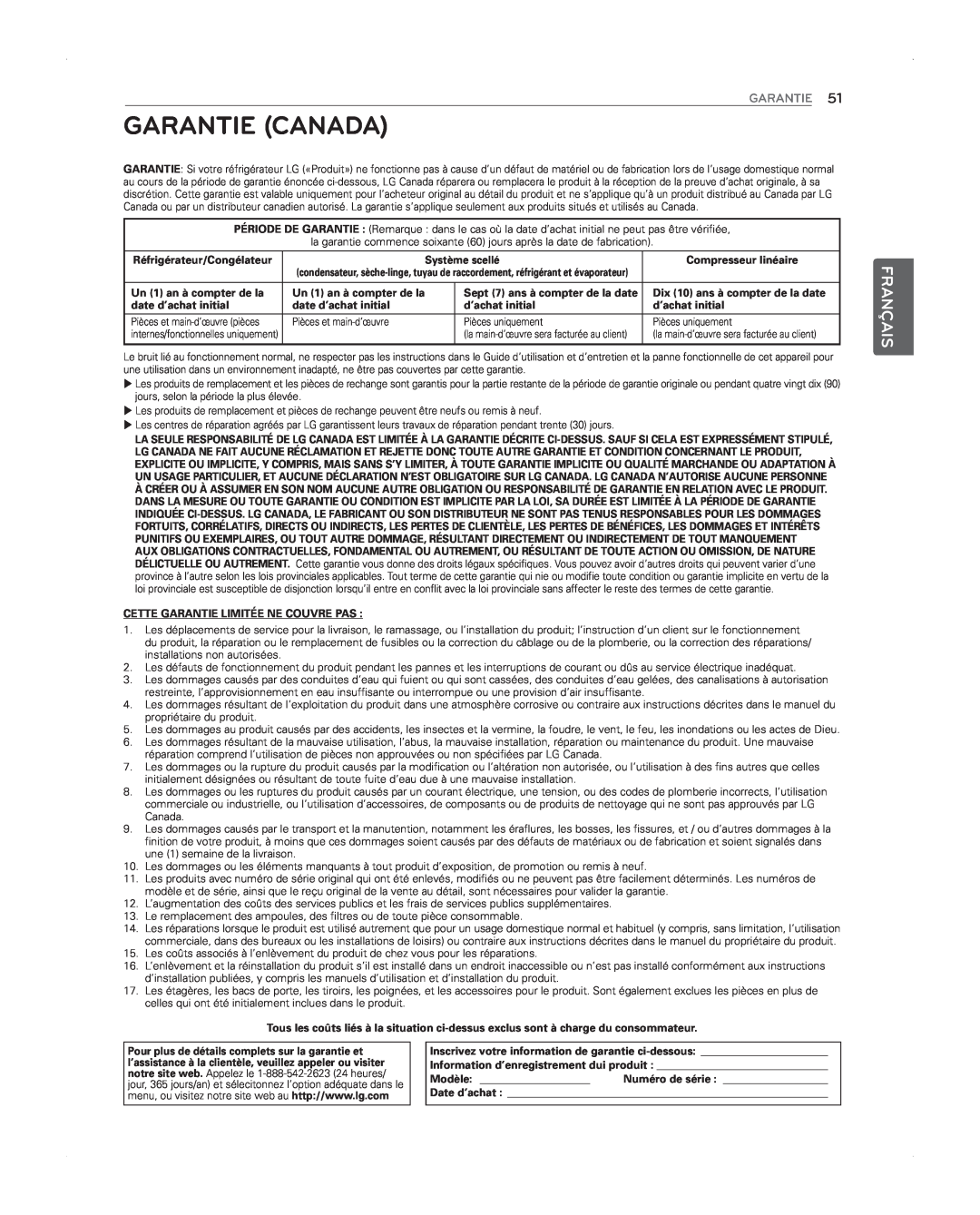 LG Electronics LFX31945ST owner manual Garantie Canada, Français 