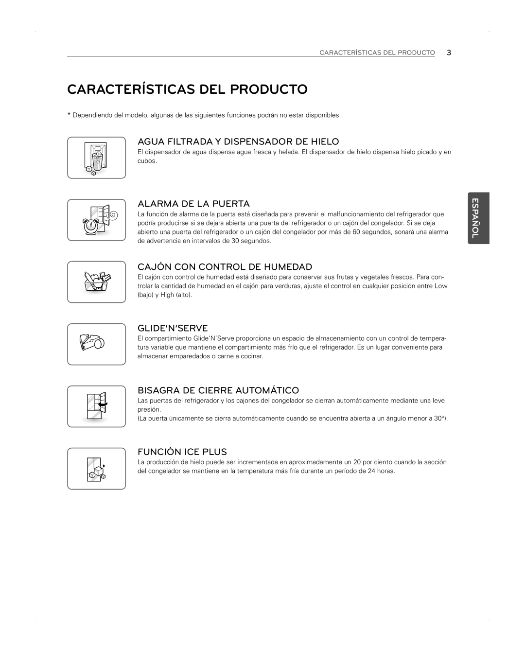 LG Electronics LFX31945ST Características Del Producto, Agua Filtrada Y Dispensador De Hielo, Alarma De La Puerta, Español 