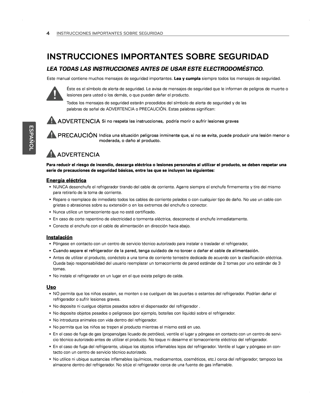 LG Electronics LFX31945ST Instrucciones Importantes Sobre Seguridad, Advertencia, Energía eléctrica, Instalación, Español 