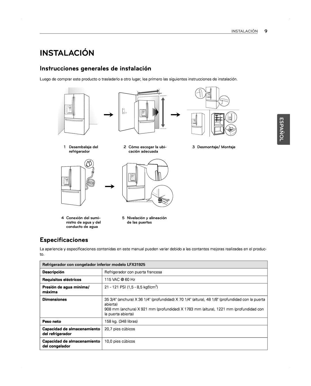 LG Electronics LFX31945ST Instalación, Instrucciones generales de instalación, Especificaciones, Español, Descripción 