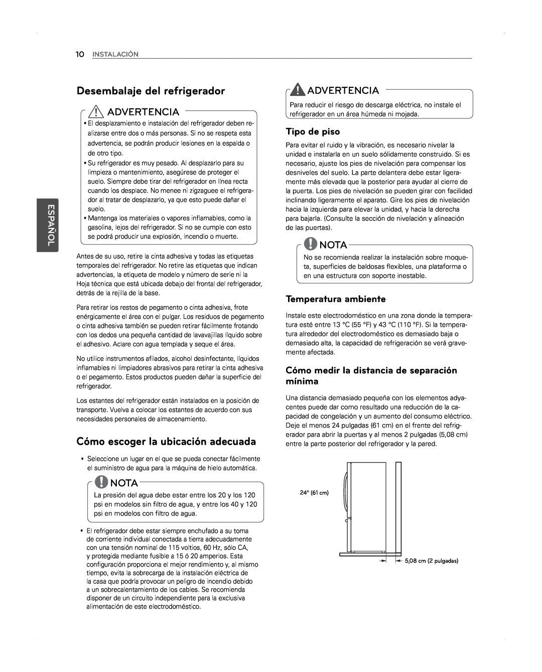 LG Electronics LFX31945ST Desembalaje del refrigerador, Cómo escoger la ubicación adecuada, Advertencia, Nota, Español 