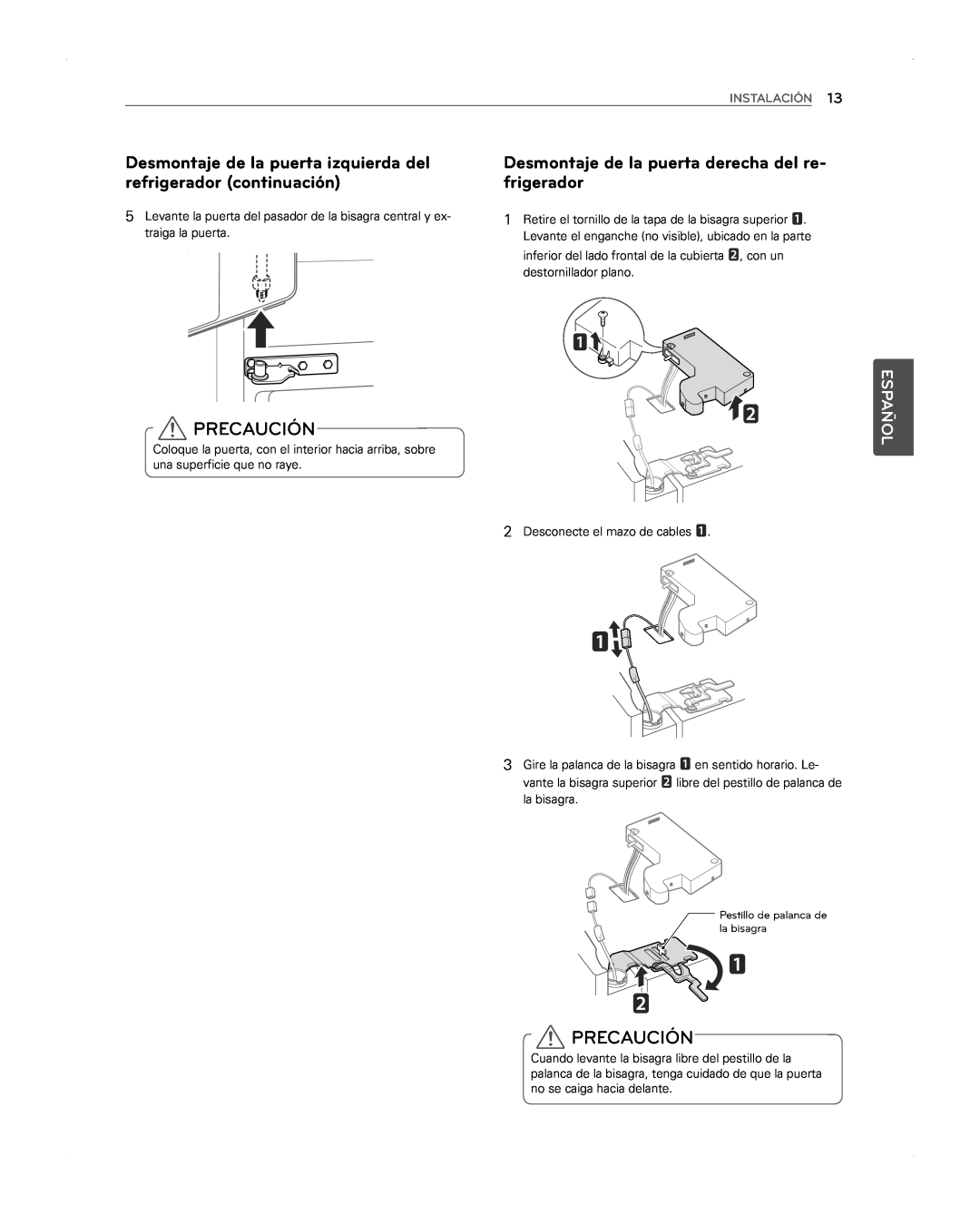 LG Electronics LFX31945ST owner manual Desmontaje de la puerta izquierda del refrigerador continuación, Precaución, Español 