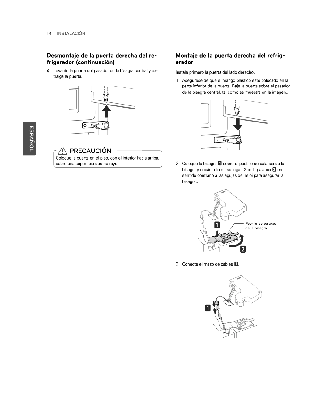 LG Electronics LFX31945ST owner manual Desmontaje de la puerta derecha del re- frigerador continuación, Precaución, Español 