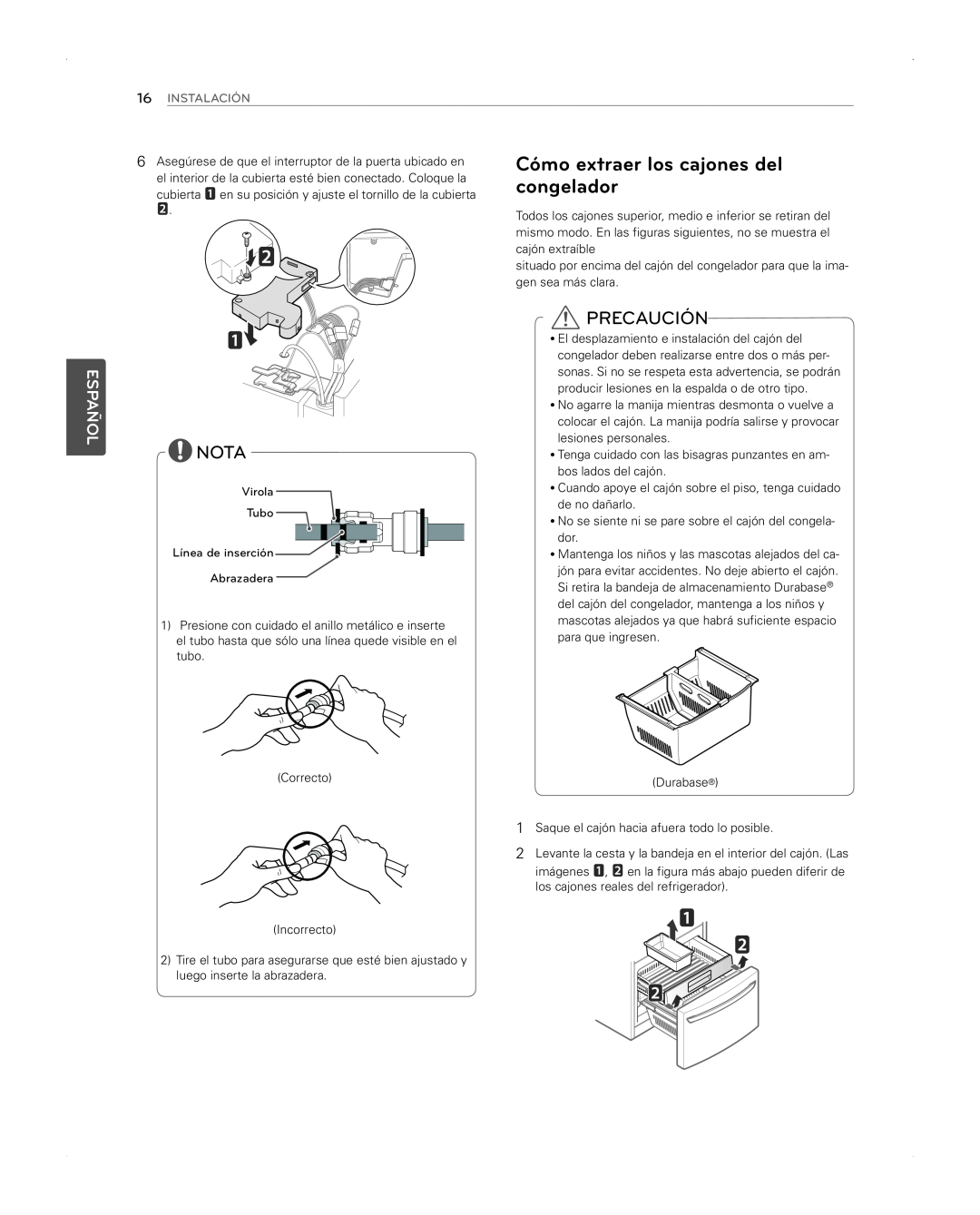 LG Electronics LFX31945ST owner manual Cómo extraer los cajones del, congelador, Nota, Precaución, Español, Instalación 
