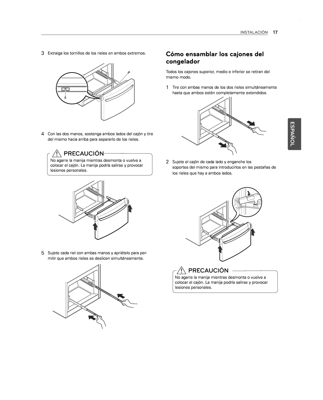 LG Electronics LFX31945ST owner manual Cómo ensamblar los cajones del, congelador, Precaución, Español, Instalación 