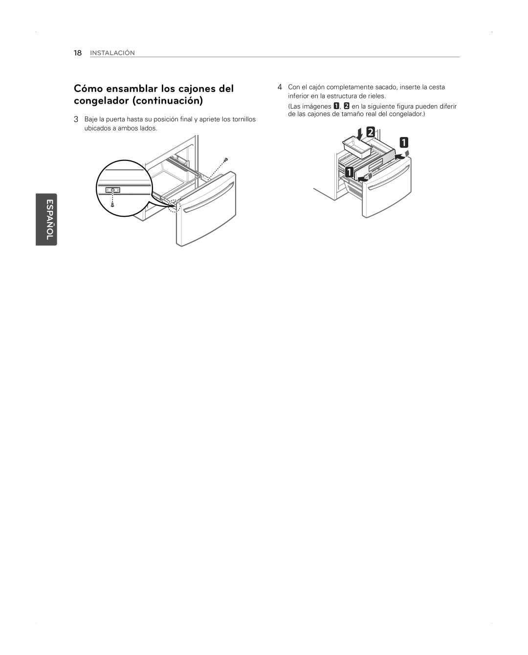 LG Electronics LFX31945ST owner manual congelador continuación, Cómo ensamblar los cajones del, Español, Instalación 
