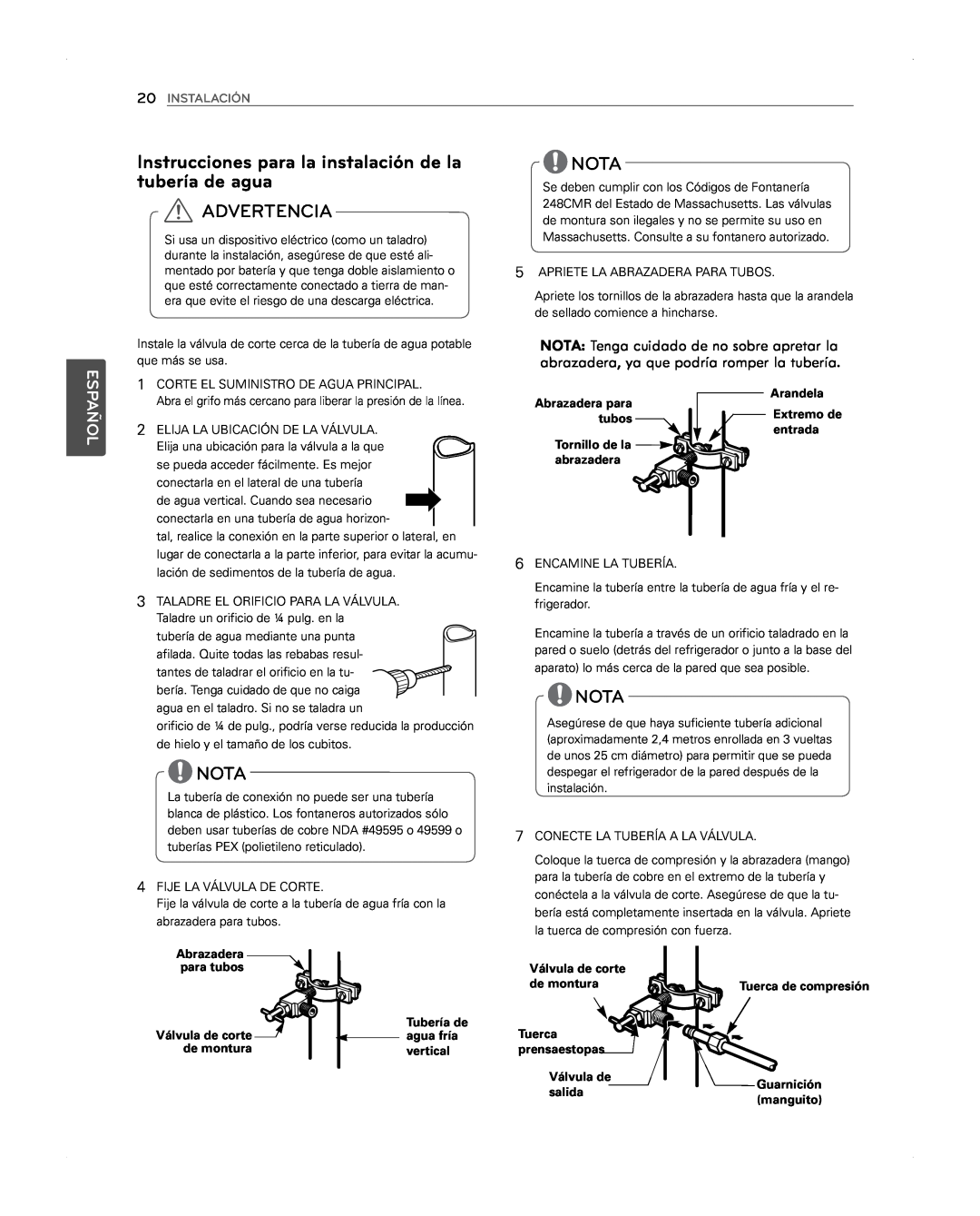 LG Electronics LFX31945ST Instrucciones para la instalación de la tubería de agua, Advertencia, Nota, Español, Instalación 