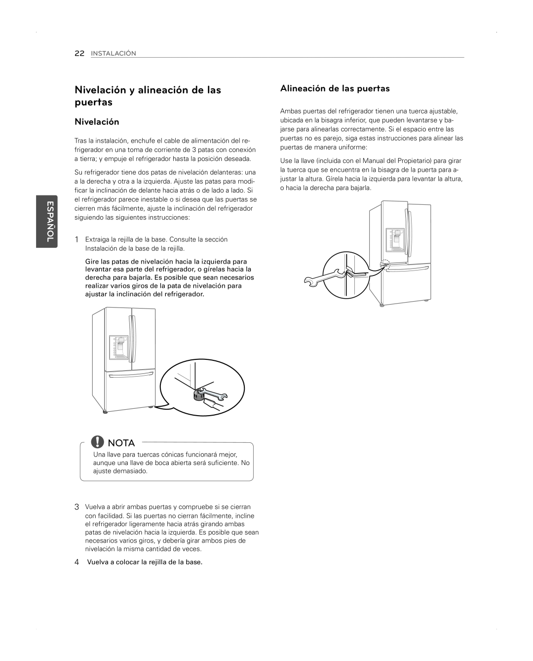 LG Electronics LFX31945ST Nivelación y alineación de las puertas, Alineación de las puertas, Nota, Español, Instalación 
