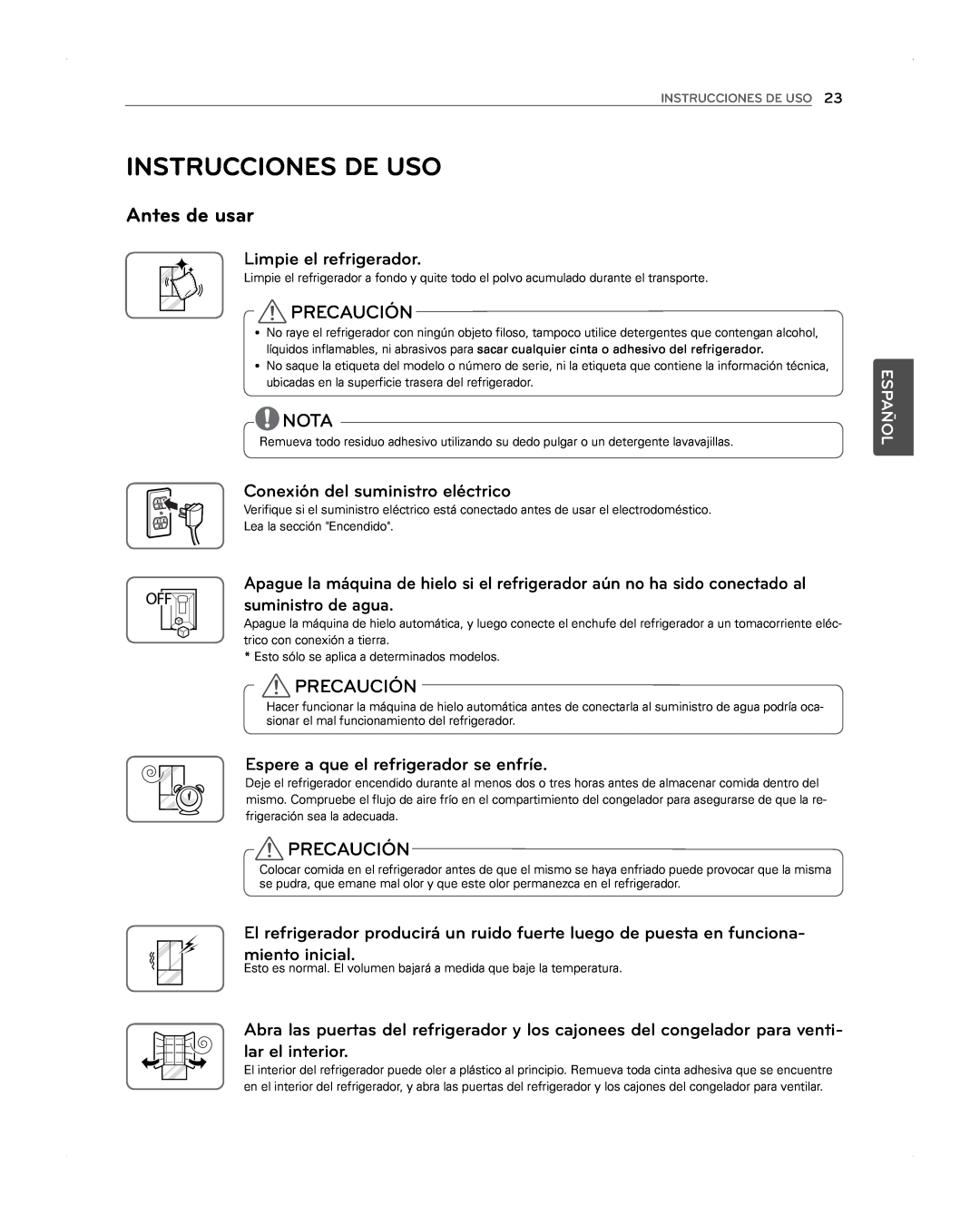 LG Electronics LFX31945ST Instrucciones De Uso, Antes de usar, Limpie el refrigerador, Conexión del suministro eléctrico 