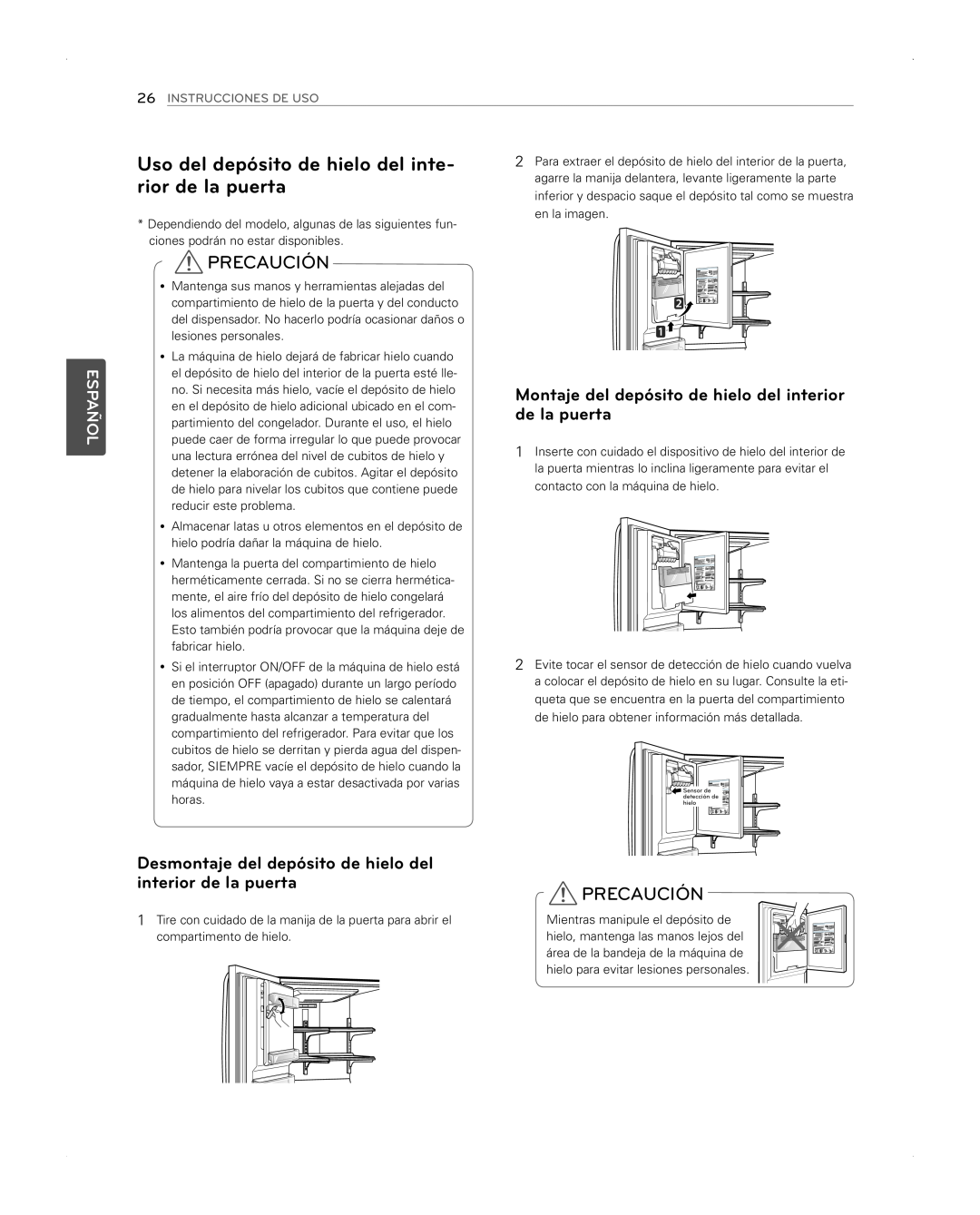 LG Electronics LFX31945ST Uso del depósito de hielo del inte- rior de la puerta, Precaución, Español, Instrucciones De Uso 