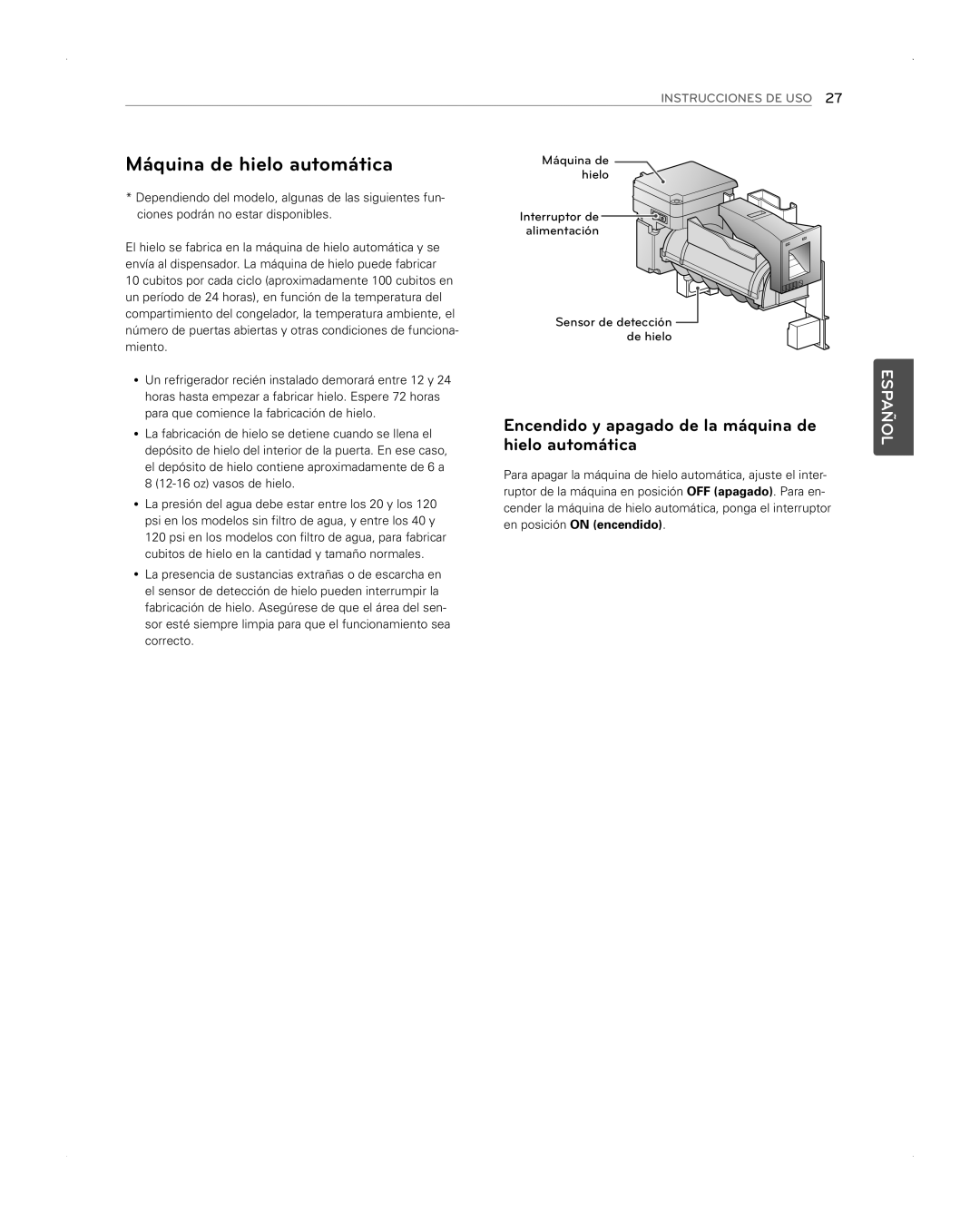 LG Electronics LFX31945ST Máquina de hielo automática, Encendido y apagado de la máquina de, Español, Instrucciones De Uso 