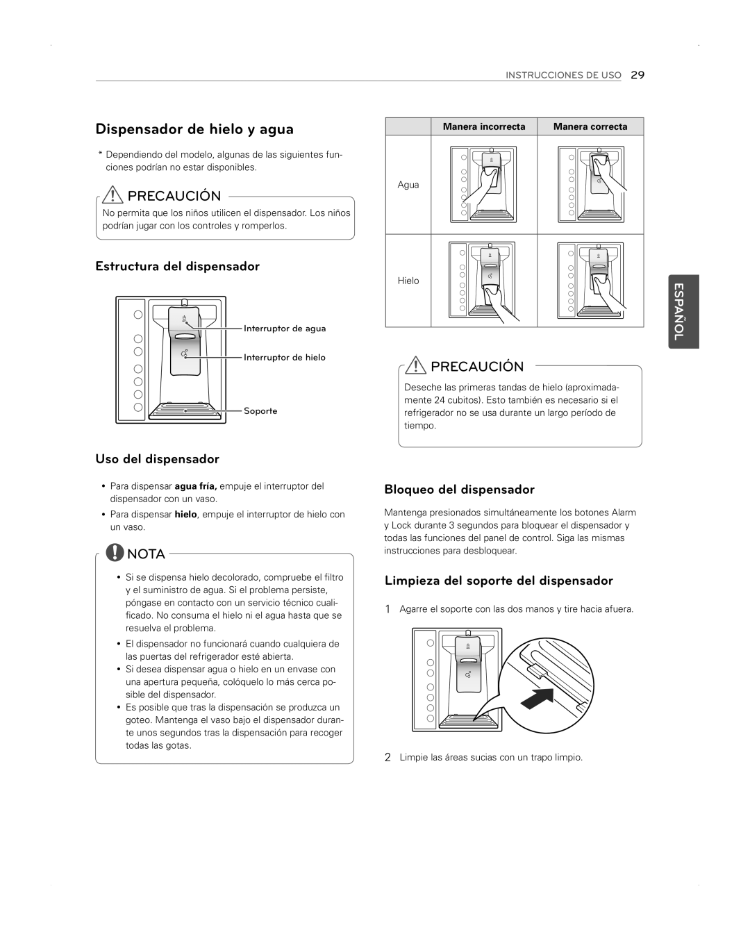 LG Electronics LFX31945ST Dispensador de hielo y agua, Estructura del dispensador, Uso del dispensador, Precaución, Nota 