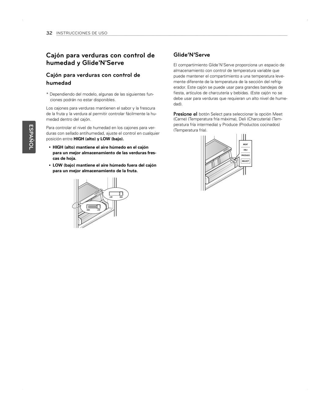 LG Electronics LFX31945ST owner manual Cajón para verduras con control de humedad y GlideNServe, Glide‘N’Serve, Español 