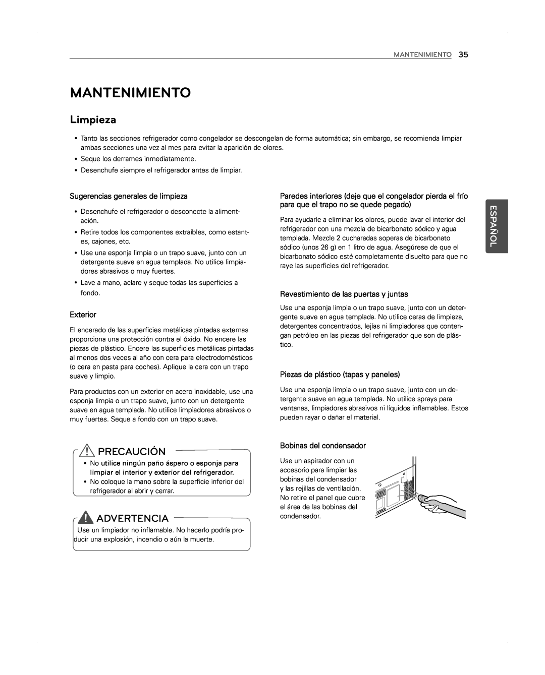 LG Electronics LFX31945ST Mantenimiento, Limpieza, Piezas de plástico tapas y paneles, Precaución, Advertencia, Español 