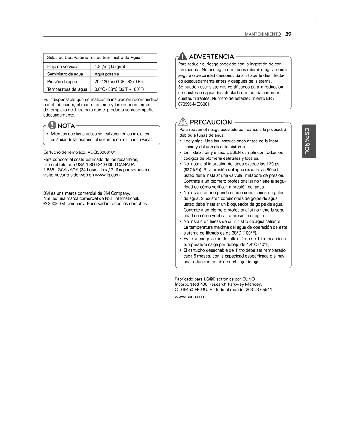 LG Electronics LFX31945ST owner manual Advertencia, Nota, Precaución, Español, Mantenimiento 
