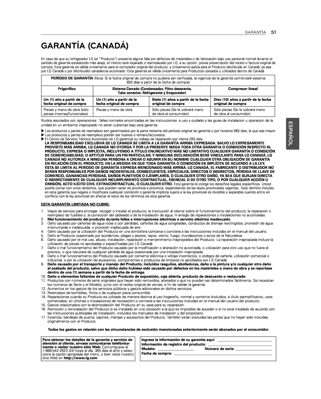 LG Electronics LFX31945ST owner manual Garantía Canadá, Español 