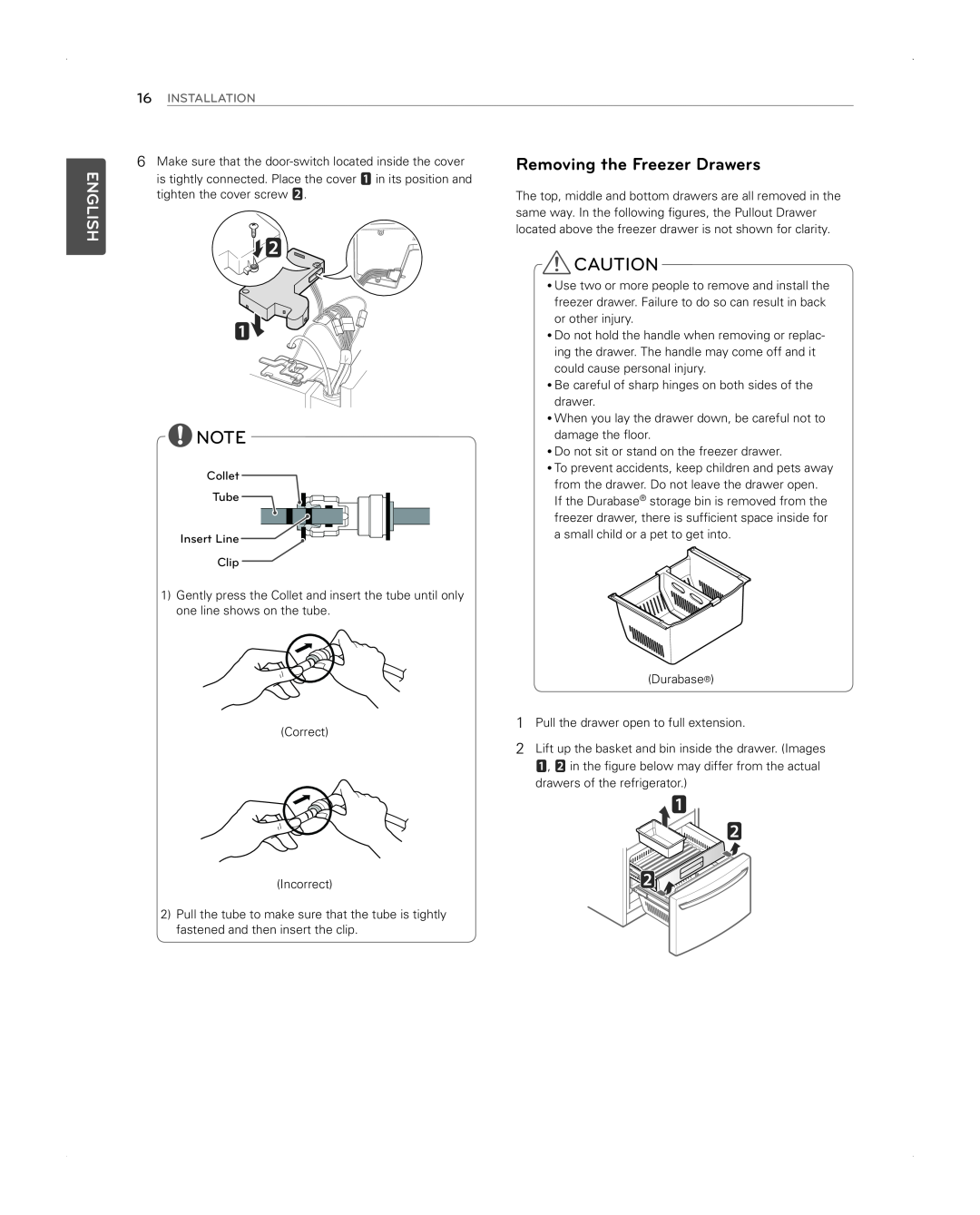 LG Electronics LFX31945ST owner manual Removing the Freezer Drawers, English, Installation 
