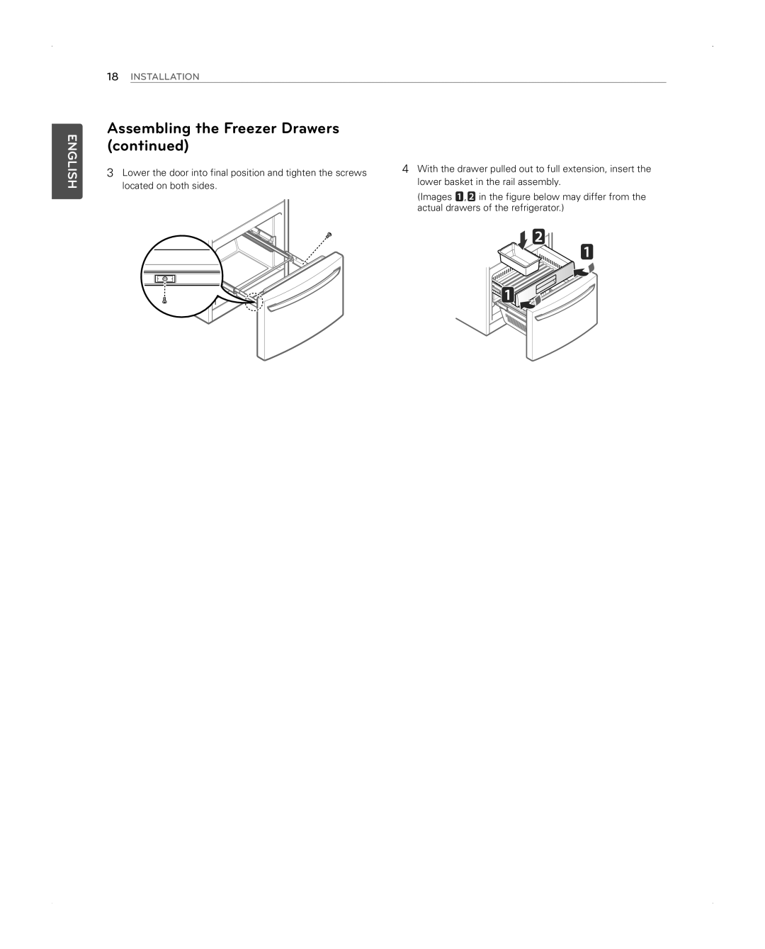 LG Electronics LFX31945ST owner manual Assembling the Freezer Drawers continued, English, Installation 