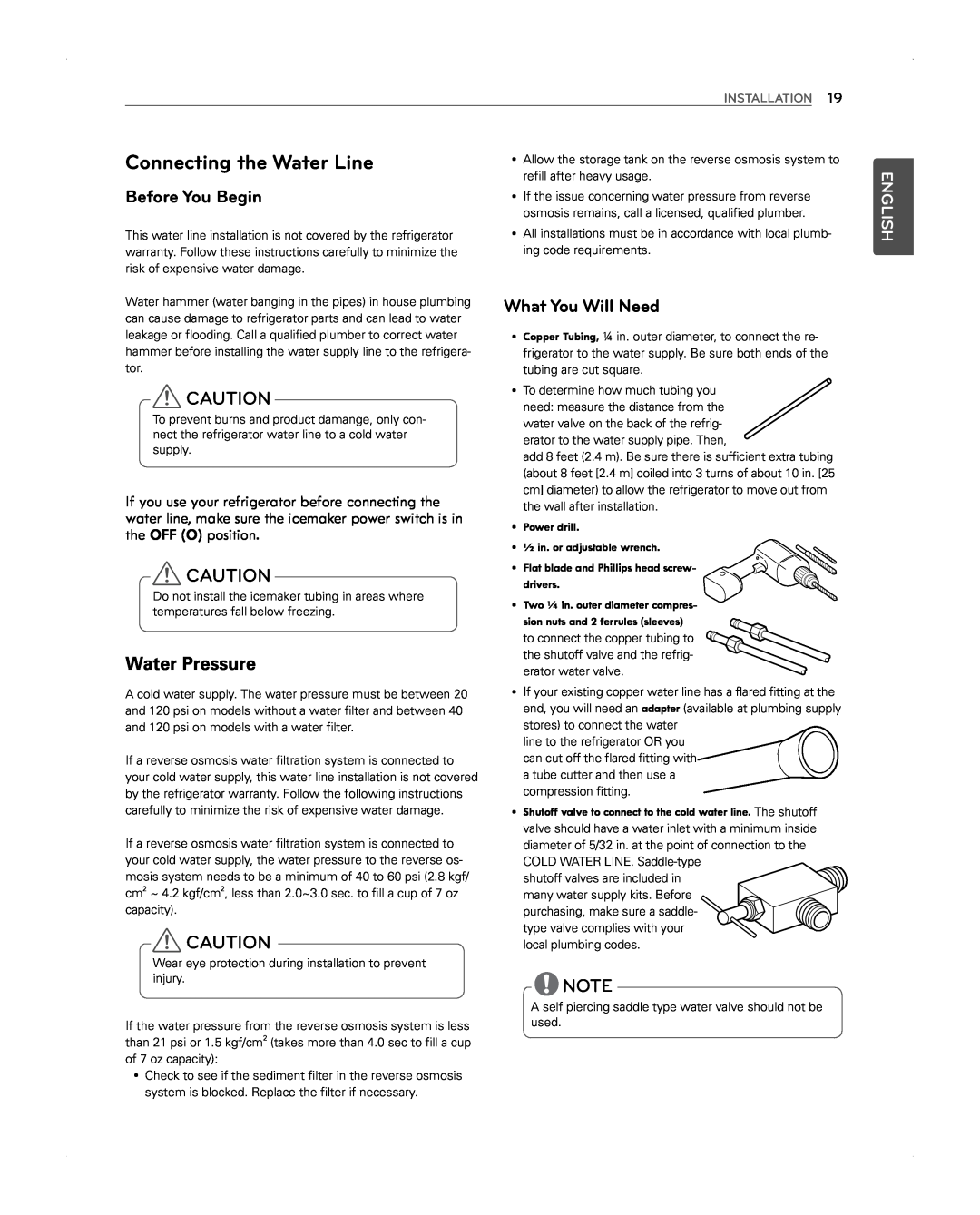 LG Electronics LFX31945ST Connecting the Water Line, Before You Begin, Water Pressure, What You Will Need, English 