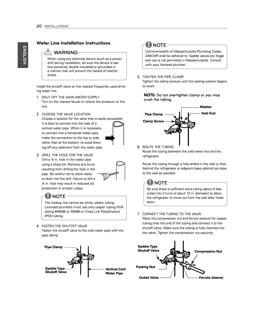 LG Electronics LFX31945ST Water Line Installation Instructions, NOTE Do not overtighten clamp or you may crush the tubing 