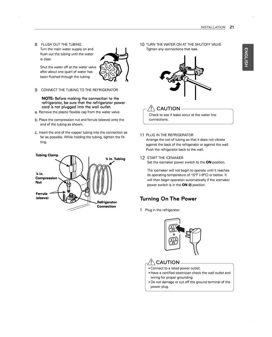 LG Electronics LFX31945ST owner manual Turning On The Power, English, Installation, Refrigerator Connection 