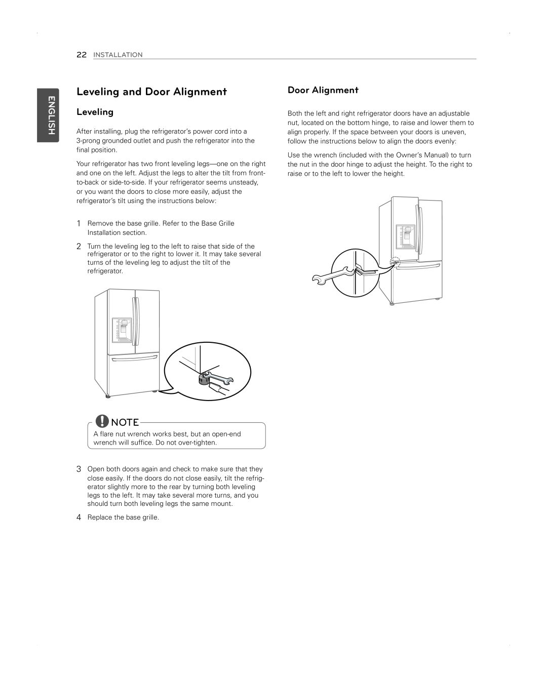 LG Electronics LFX31945ST owner manual Leveling and Door Alignment, English, Installation 