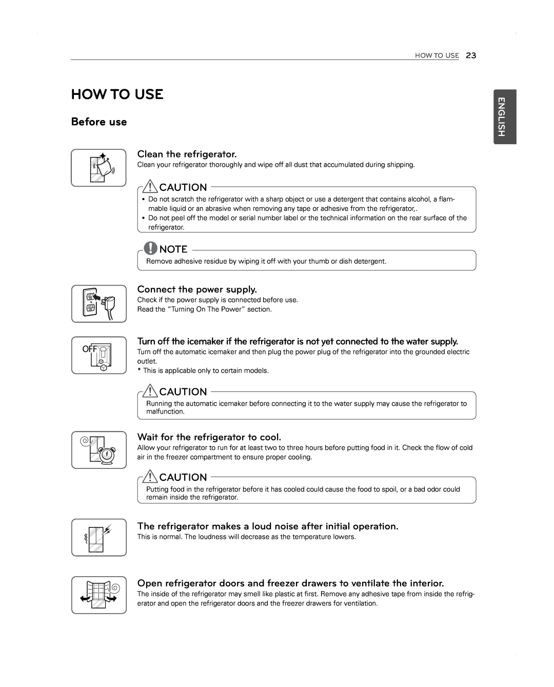 LG Electronics LFX31945ST owner manual How To Use, Before use, Clean the refrigerator, Connect the power supply, English 