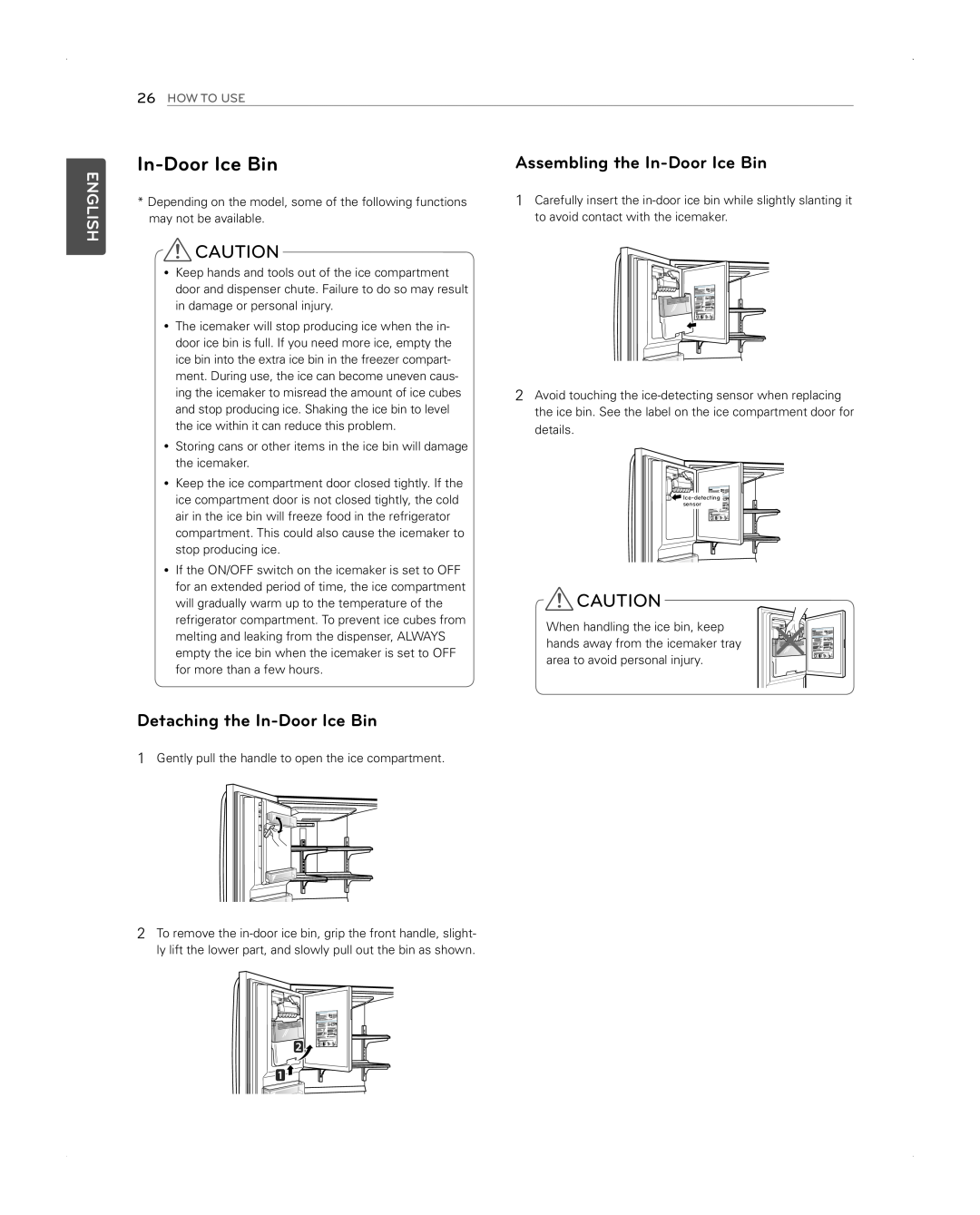 LG Electronics LFX31945ST Assembling the In-Door Ice Bin, Detaching the In-Door Ice Bin, English, How To Use 
