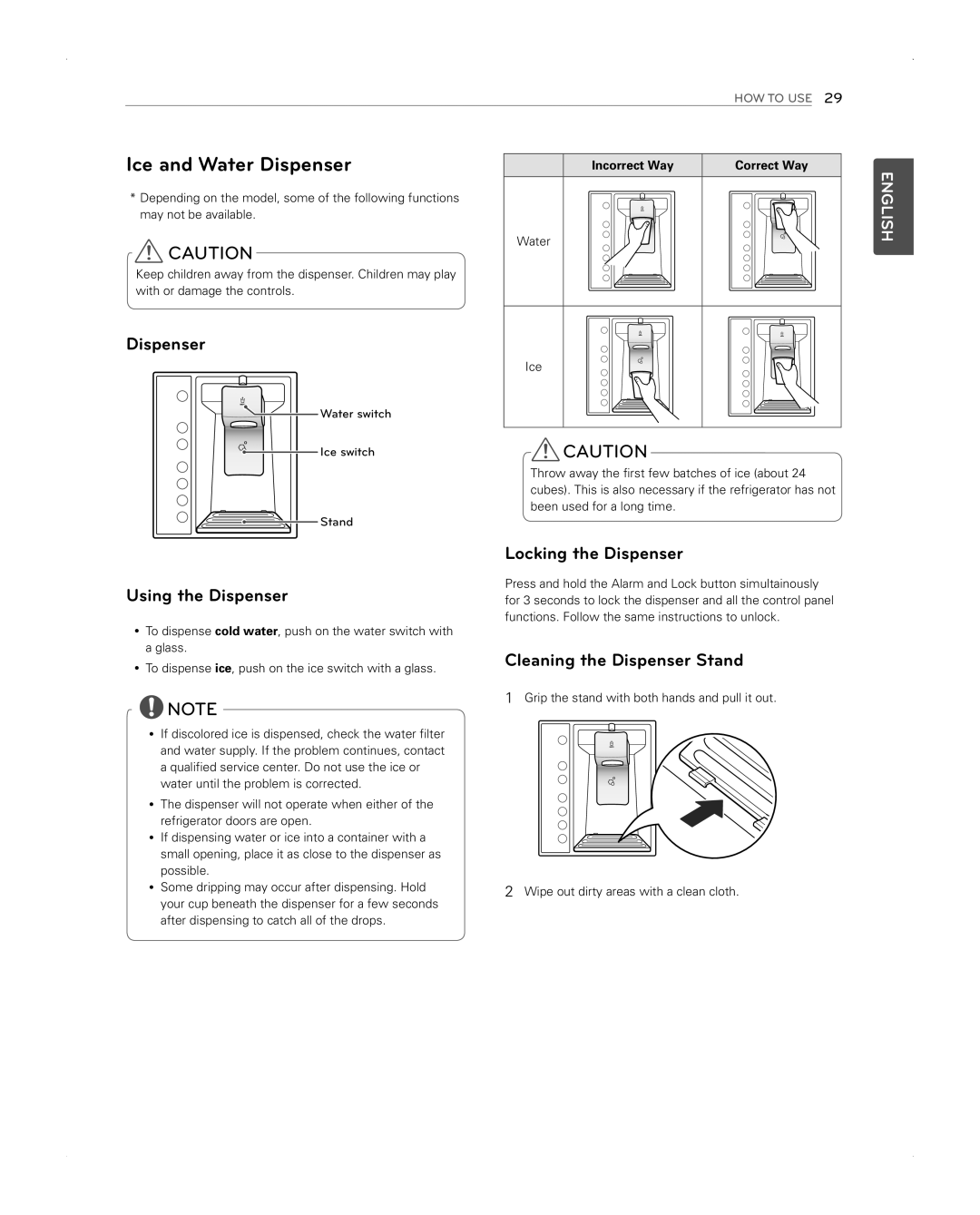 LG Electronics LFX31945ST Ice and Water Dispenser, Using the Dispenser, Locking the Dispenser, English, How To Use 