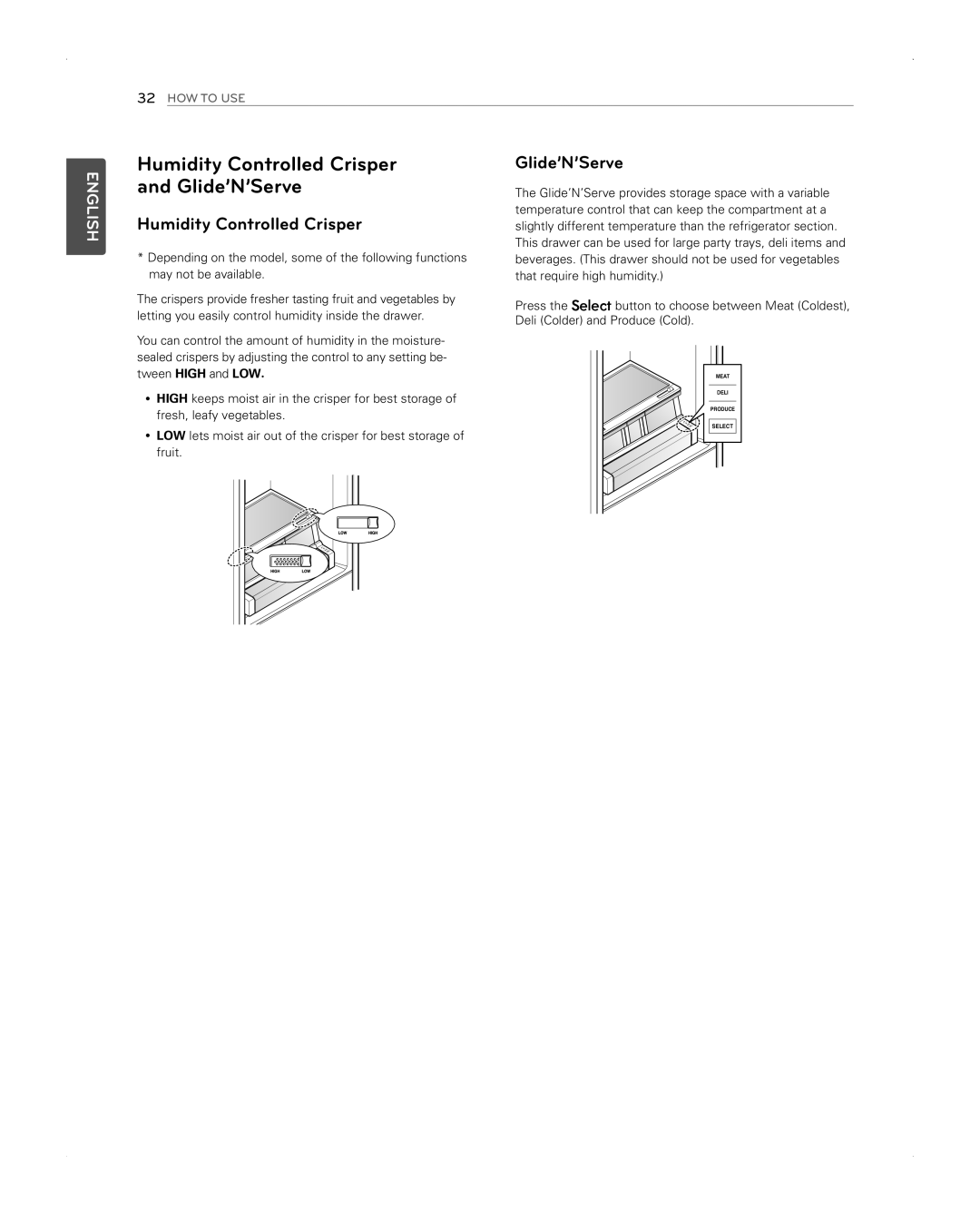 LG Electronics LFX31945ST owner manual Humidity Controlled Crisper and Glide’N’Serve, English, How To Use 