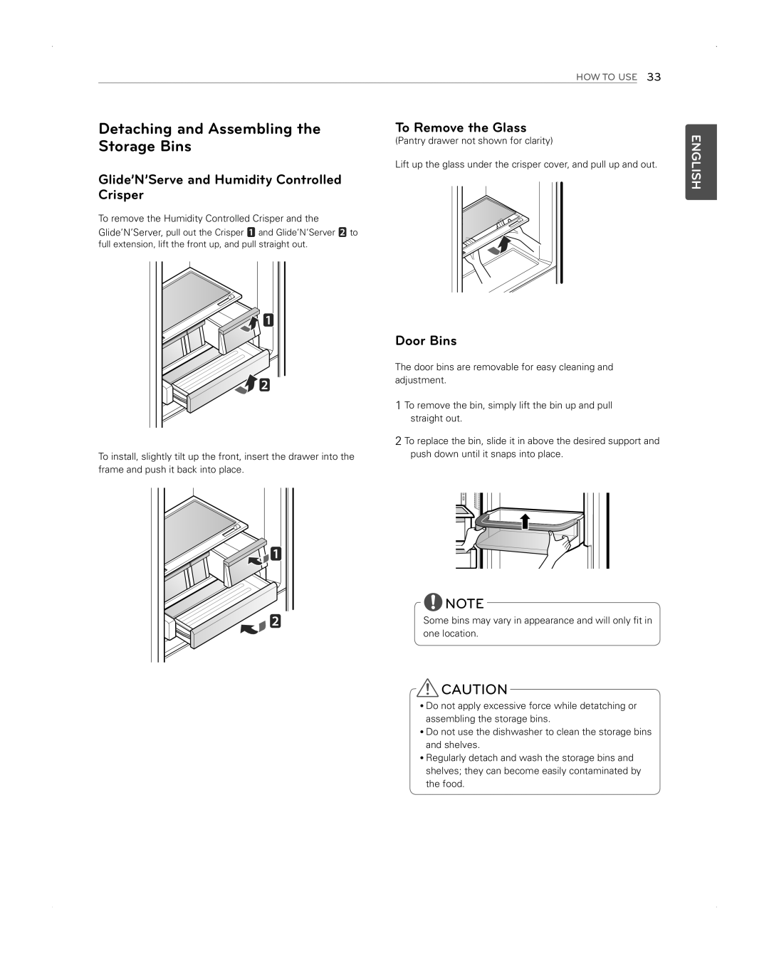LG Electronics LFX31945ST Detaching and Assembling the, Storage Bins, To Remove the Glass, Door Bins, How To Use 