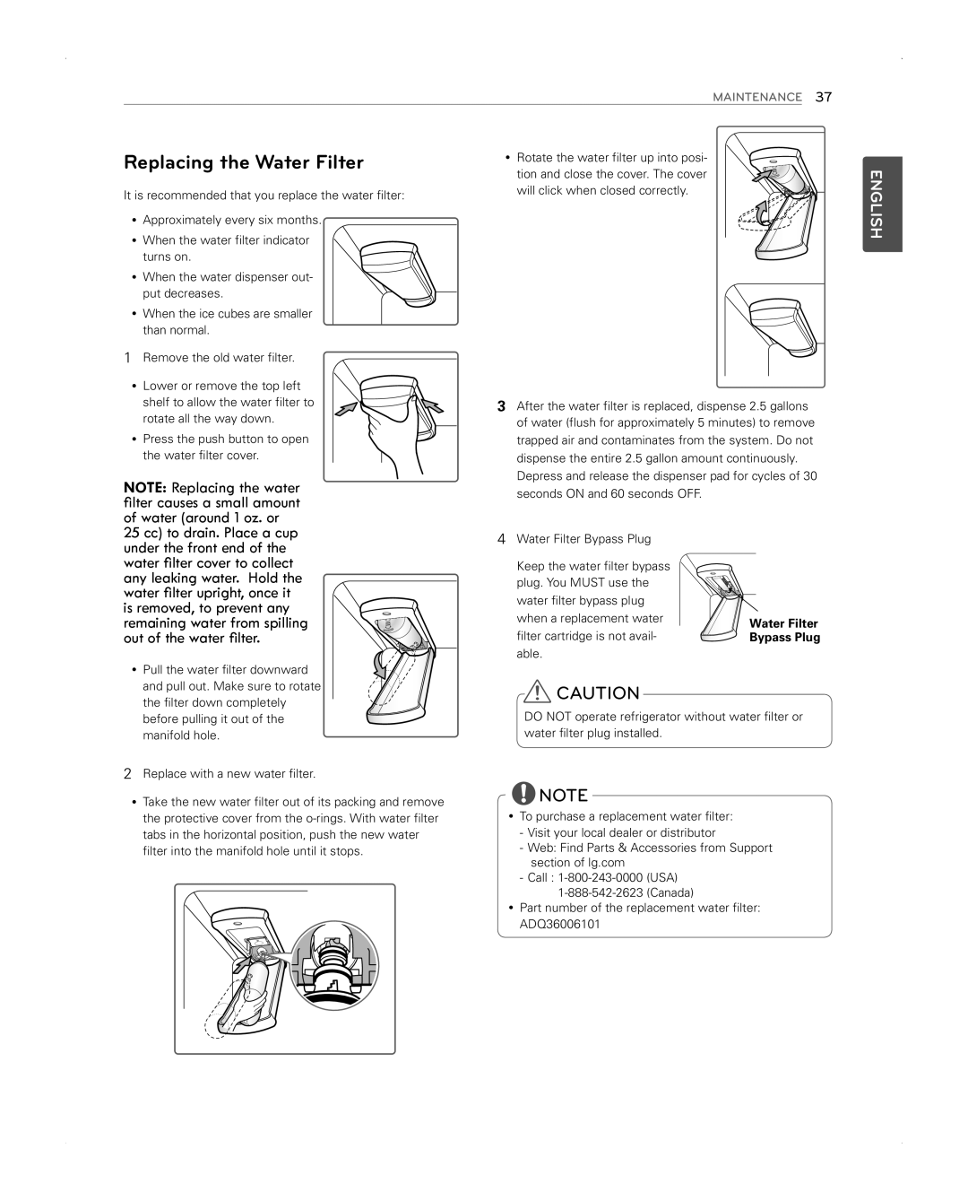 LG Electronics LFX31945ST owner manual Replacing the Water Filter, English, Maintenance, Water Filter Bypass Plug 
