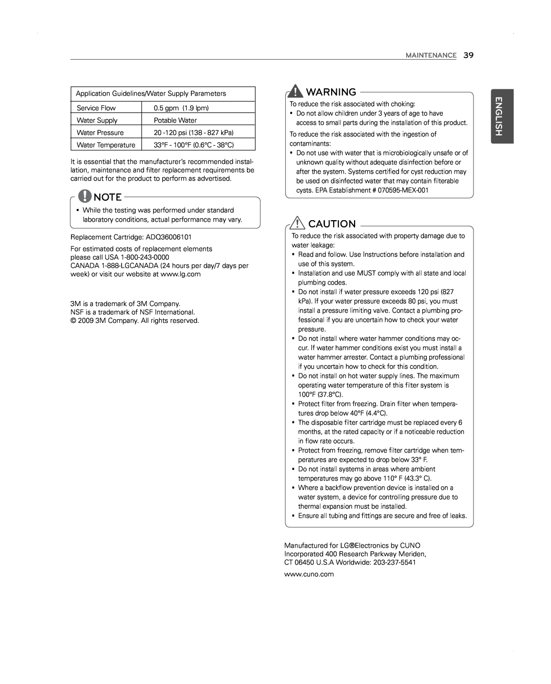 LG Electronics LFX31945ST owner manual English, Maintenance, Application Guidelines/Water Supply Parameters 