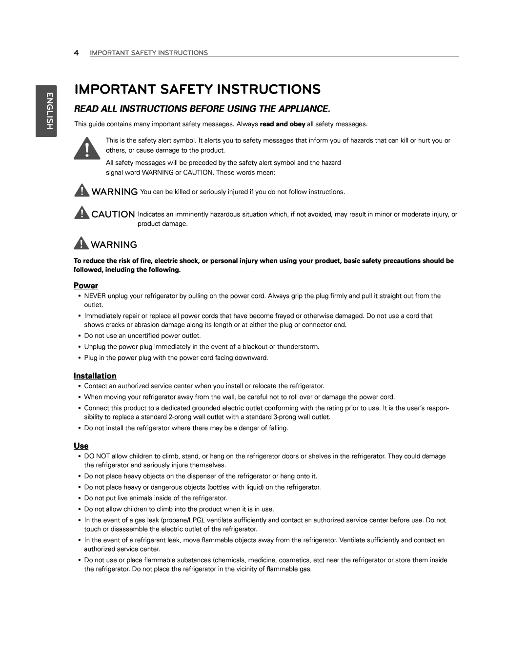 LG Electronics LFX31945ST Important Safety Instructions, Read All Instructions Before Using The Appliance, Power, English 