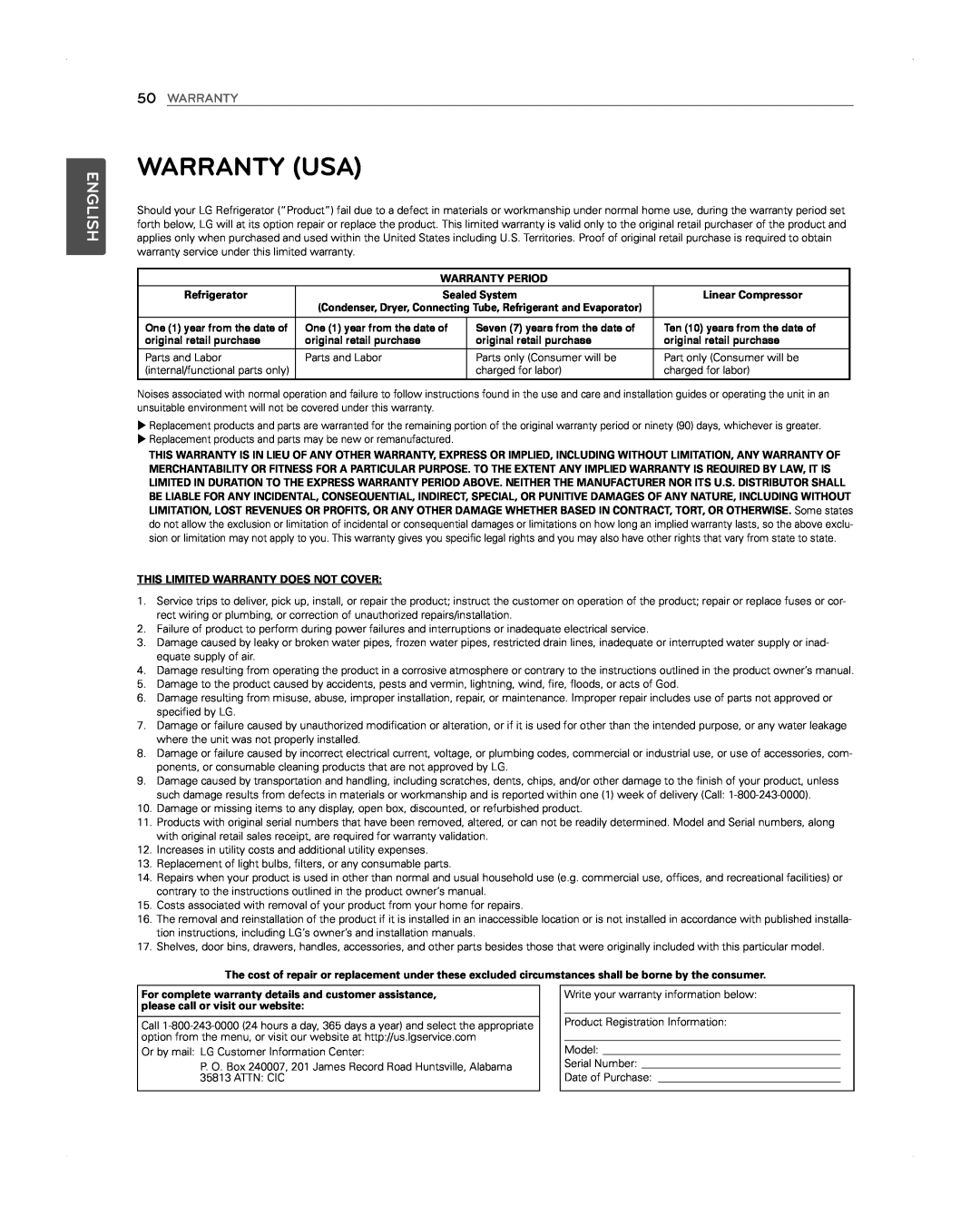 LG Electronics LFX31945ST owner manual Warranty Usa, English, Ten 10 years from the date of, original retail purchase 