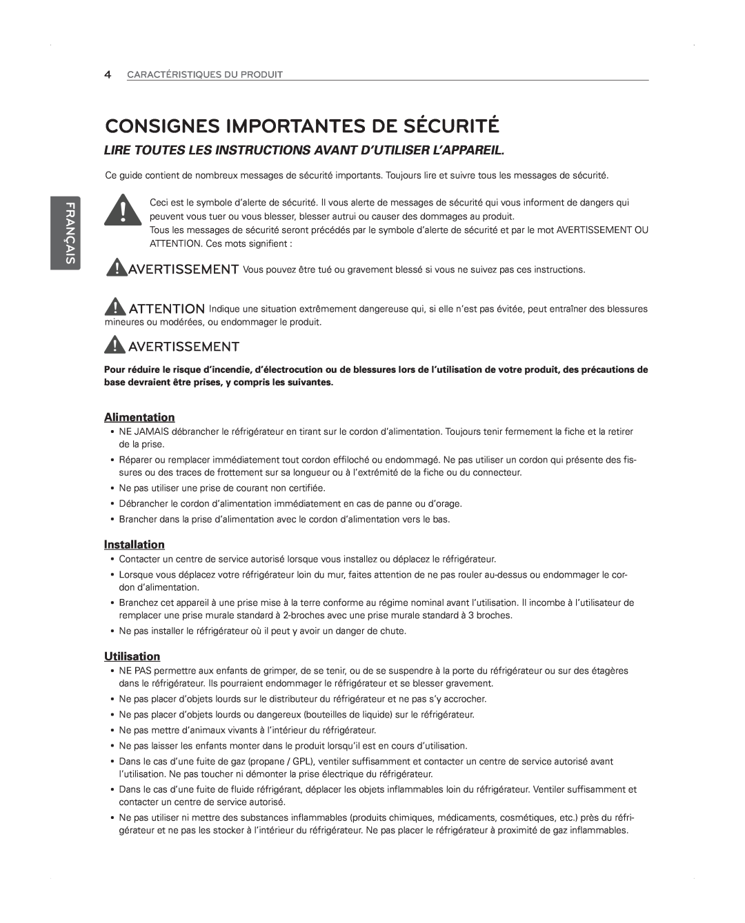 LG Electronics LFX31945ST Consignes Importantes De Sécurité, Avertissement, Alimentation, Utilisation, Français 