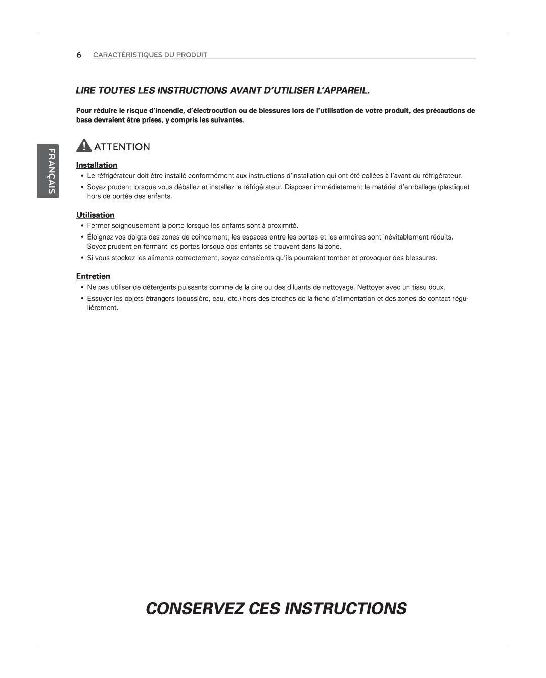 LG Electronics LFX31945ST owner manual Conservez Ces Instructions, Utilisation, Entretien, Français, Installation 