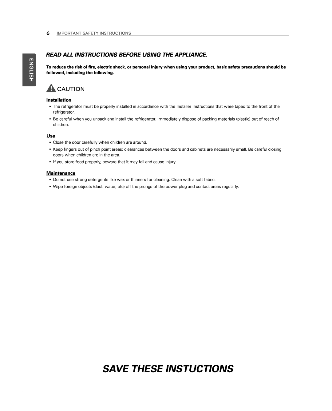 LG Electronics LFX31945ST Save These Instuctions, Installation, Maintenance, English, Important Safety Instructions 