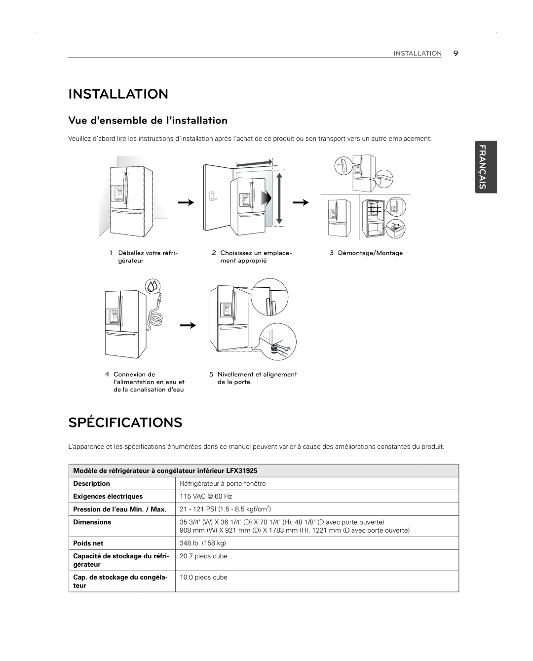 LG Electronics LFX31945ST Spécifications, Vue d’ensemble de l’installation, Installation, Français, Description, Poids net 