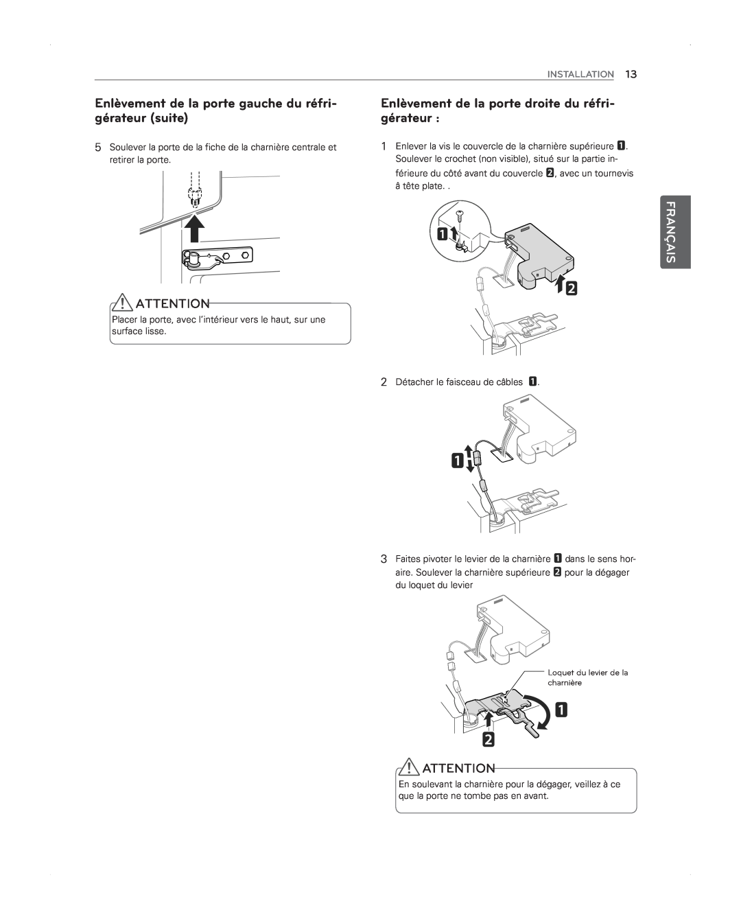 LG Electronics LFX31945ST owner manual Enlèvement de la porte gauche du réfri- gérateur suite, Français, Installation 