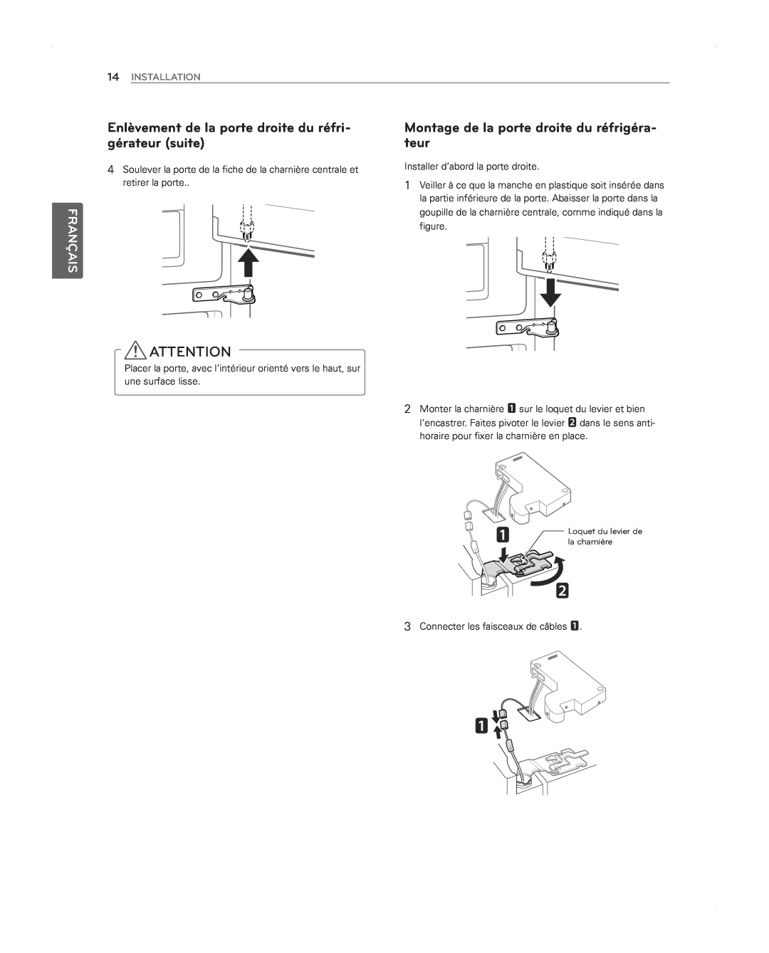 LG Electronics LFX31945ST owner manual Enlèvement de la porte droite du réfri- gérateur suite, Français, Installation 