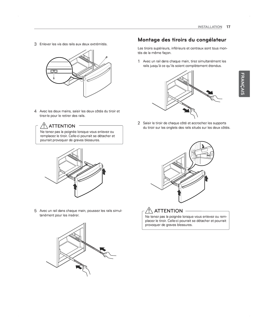 LG Electronics LFX31945ST owner manual Montage des tiroirs du congélateur, Français, Installation 