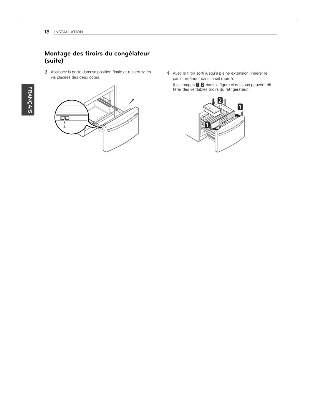 LG Electronics LFX31945ST owner manual Montage des tiroirs du congélateur suite, Français, Installation 